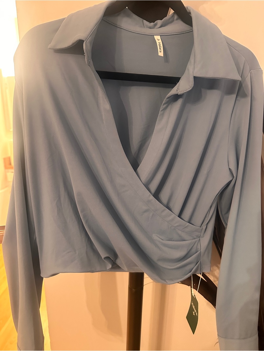 HALARA Light Blue Wrap-Front Button Down Blouse